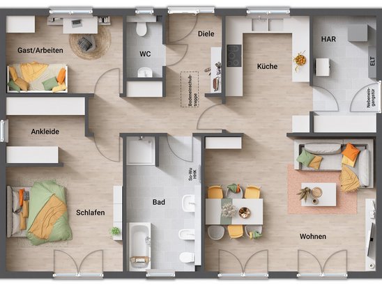 Bungalow 110 mit großzügigem Bad, Gäste-WC, Ankleide und Hauswirtschaftsraum mit separatem Zugang