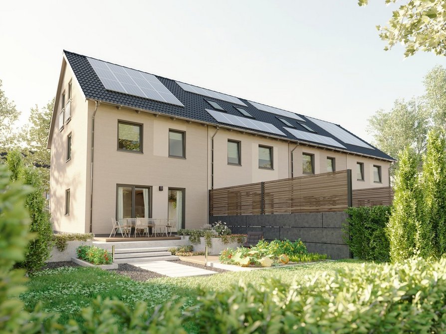 Neubau Reihenhaus Mainz 128 mit vier Wohneinheiten Gartenansicht mit Terrasse und großen Fenstern