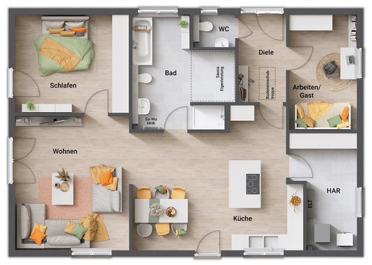 Grundriss Variante 3 mit großem HAR und Saunaoption Grundrissvariante 3 des Bungalow 110 mit großem HAR, Gäste-WC und Bad mit Saunaoption