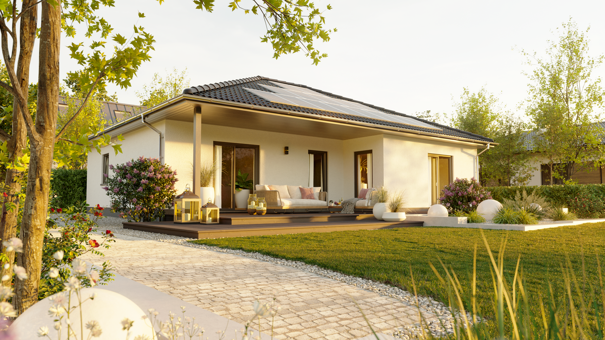 Winkelbungalow 108 mit Gartenblick und Photovoltaikanlage Der Winkelbungalow 108 mit Blick vom Garten, bodentiefen Fenstern und Photovoltaikanlage auf dem Dach – modernes Wohnen mit Effizienz