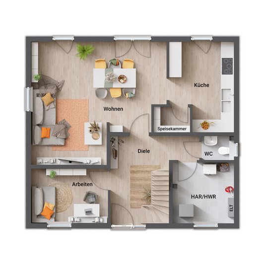 Flair 134 Erdgeschoss Grundrissvariante 3 mit Speisekammer Erdgeschoss des Flair 134 mit praktischer Speisekammer und cleverem Stauraumkonzept