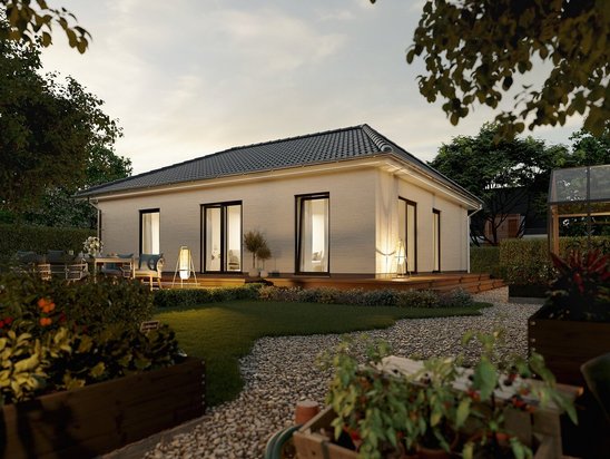 Komfort auf einer Ebene im Bungalow 92 Der Bungalow 92 mit Walmdach und überdachter Terrasse – massives Haus für komfortables Wohnen ohne Stufen