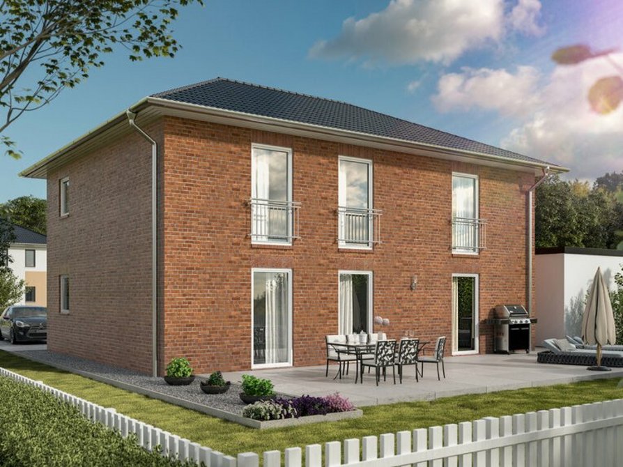 Sicht auf den Garten des Klinkerzweifamilienhauses Flair 180 Duo